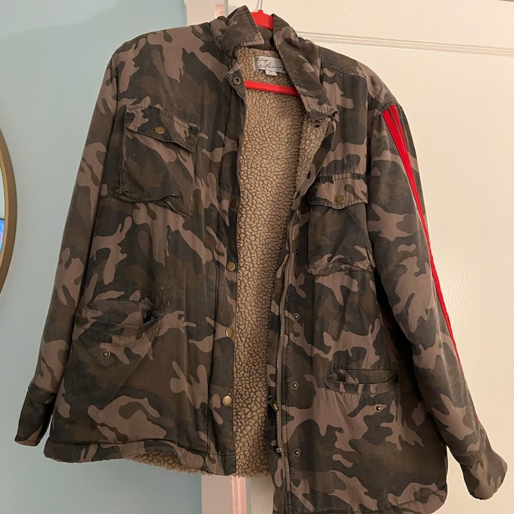 Camo Red Stripe Furry Jacket Medium